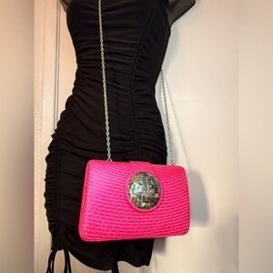 Rare Pink Woven Clutch Crossbody Abalone Shell Medallion w/ OG Dust Bag